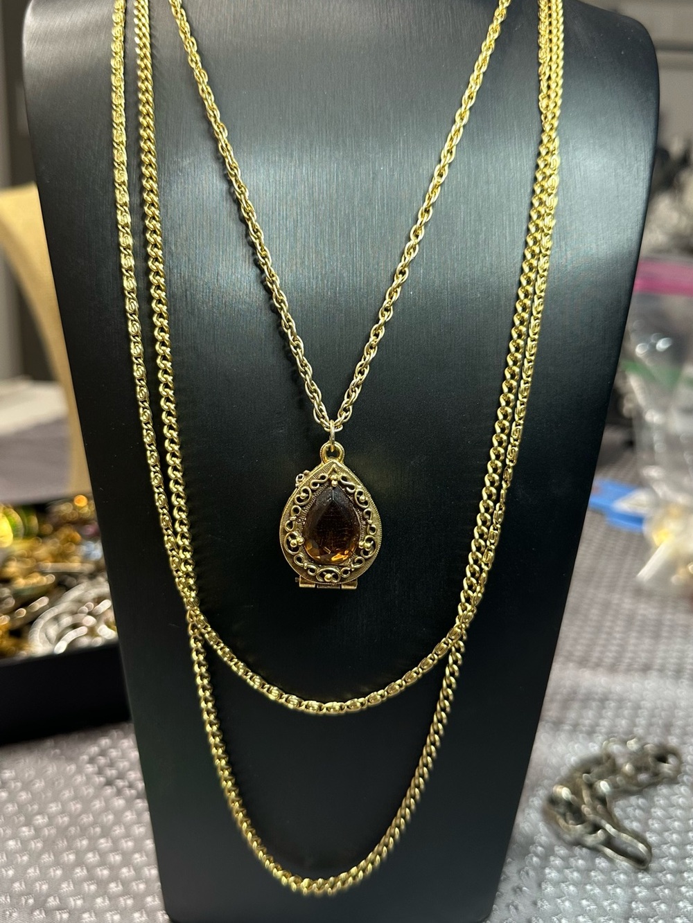 Gold-Tone Layered Necklace with Amber Teardrop Pendant - Picture 2 of 7